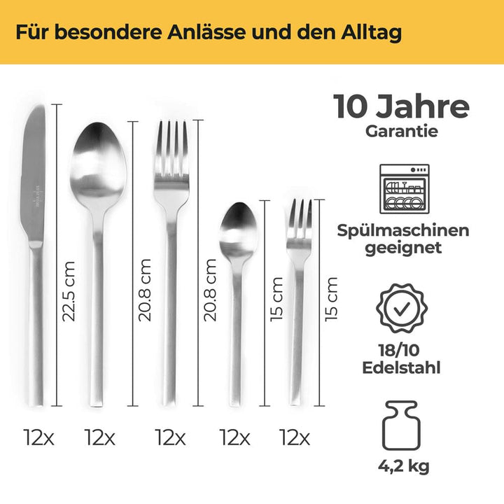 Besteckset für 12 Personen (2x6er Set) - Spülmaschinenfest - Edelstahl Matt - 60-teilig