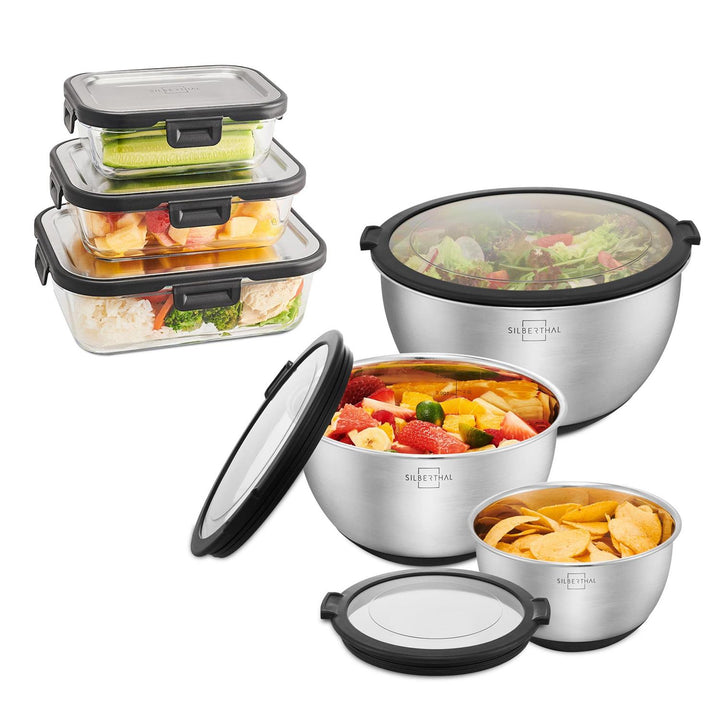 Meal Prep Set - Frischhaltedosen Set aus Glas - Edelstahlschüsseln mit Deckel